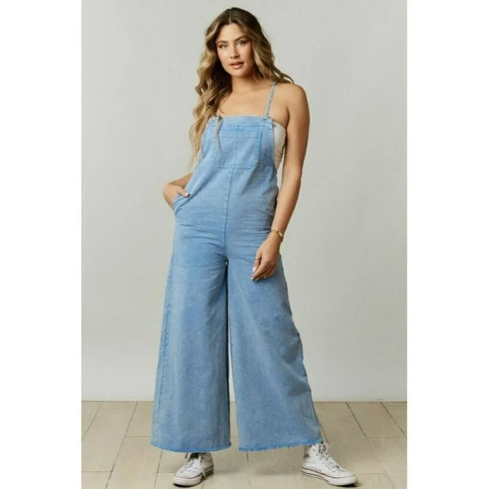 Just A Normal Girl Washed Denim Jumpsuit in Blue - Picture 2 of 5